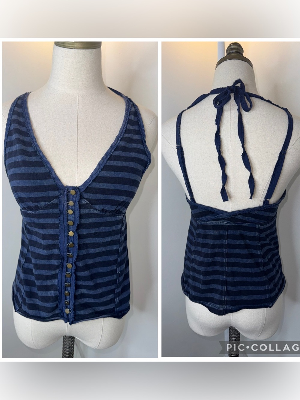 Free People Women’s XS Mylo Navy Blue Striped Halter Tank Top